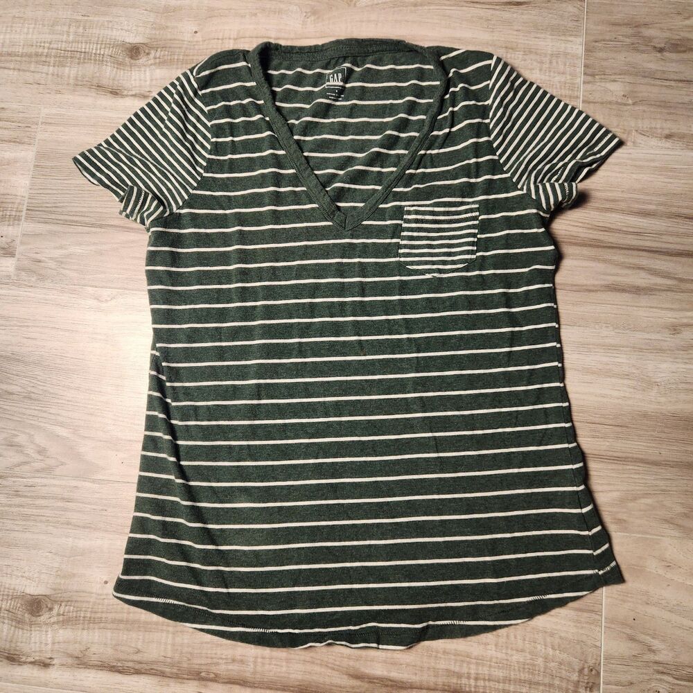 Gap Vintage Wash Tee Womens Small Green White Stripe Vโ Neck Pocket T Shirt